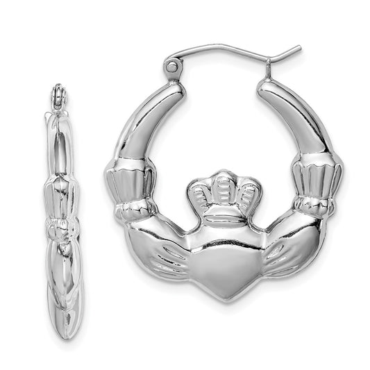 QE4703 Sterling Silver Rhod-plated Polished Claddagh Round Hoop Earrings