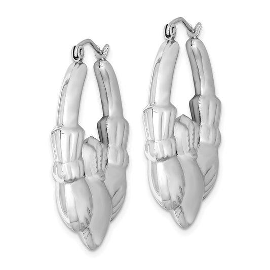QE4705 Sterling Silver Rhod-plated Polished Claddagh Round Hoop Earrings