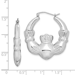 QE4705 Sterling Silver Rhod-plated Polished Claddagh Round Hoop Earrings