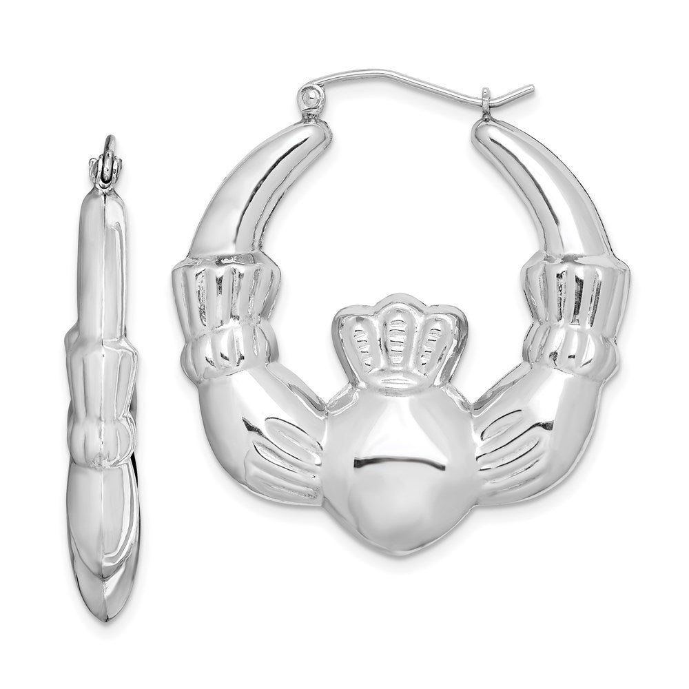 QE4705 Sterling Silver Rhod-plated Polished Claddagh Round Hoop Earrings