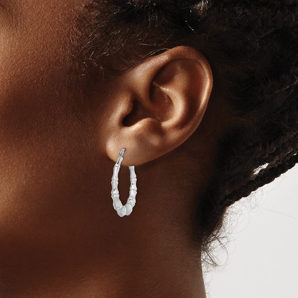 QE4711 Sterling Silver Rhodium-plated Bamboo Round Hoop Earrings