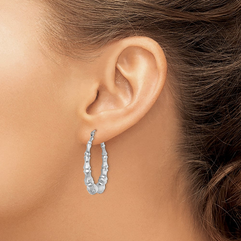 QE4712 Sterling Silver Rhodium-plated Bamboo Round Hoop Earrings