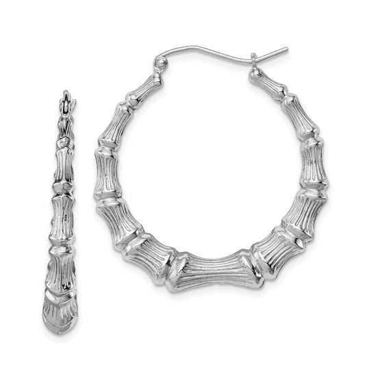 QE4712 Sterling Silver Rhodium-plated Bamboo Round Hoop Earrings