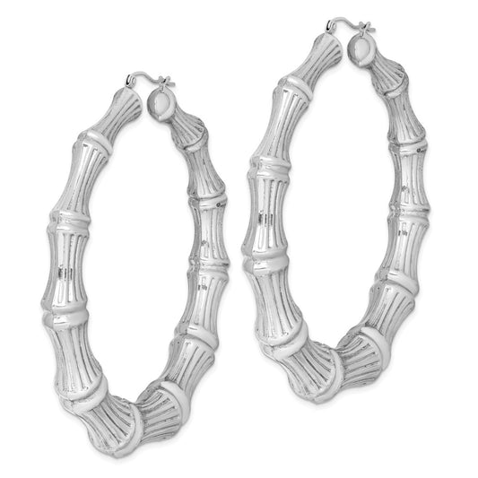 QE4713 Sterling Silver Rhodium-plated Bamboo Round Hoop Earrings