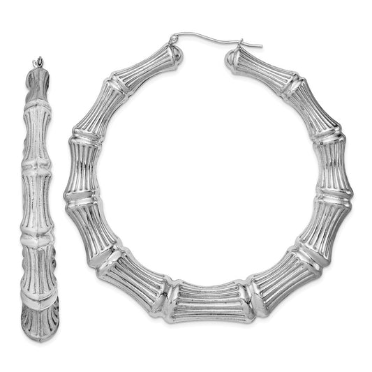 QE4713 Sterling Silver Rhodium-plated Bamboo Round Hoop Earrings