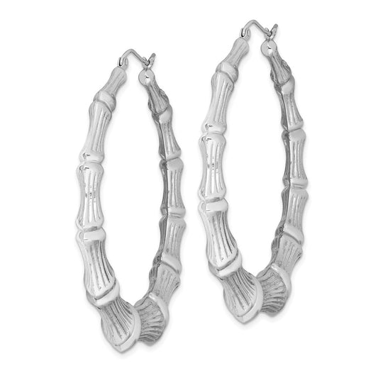 QE4714 Sterling Silver Rhodium-plated Bamboo Round Hoop Earrings