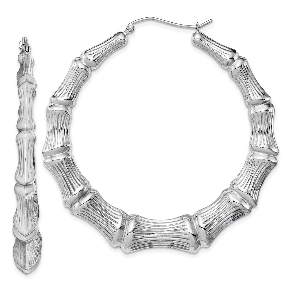 QE4714 Sterling Silver Rhodium-plated Bamboo Round Hoop Earrings