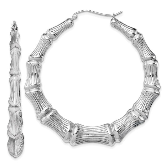 QE4714 Sterling Silver Rhodium-plated Bamboo Round Hoop Earrings