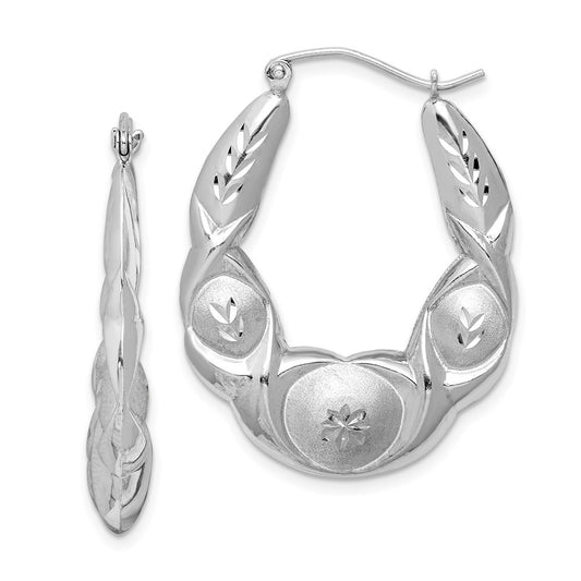 QE4729 Sterling Silver Rhod-plated Satin & D/C Scalloped Oval Hoop Earrings