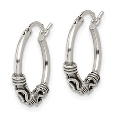 QE4744 Sterling Silver Antiqued Hoop Earrings
