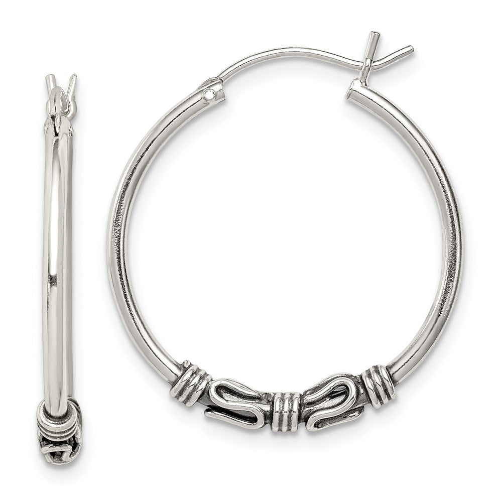 QE4746 Sterling Silver Antiqued Hoop Earrings