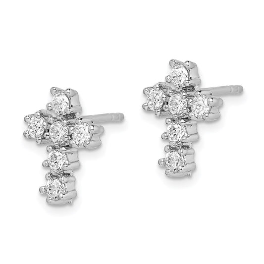 QE4771 Sterling Silver Rhodium-plated Polished CZ Cross Post Earrings