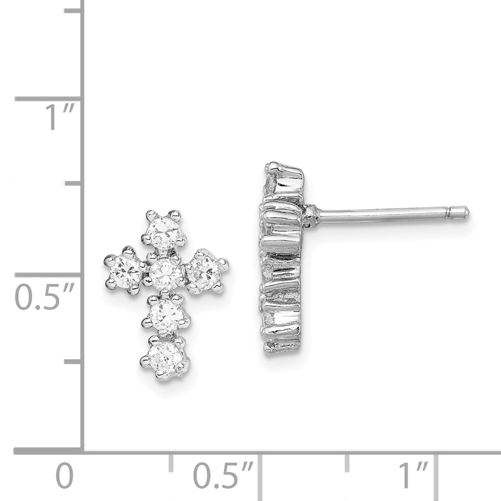 QE4771 Sterling Silver Rhodium-plated Polished CZ Cross Post Earrings