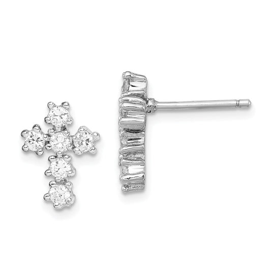 QE4771 Sterling Silver Rhodium-plated Polished CZ Cross Post Earrings