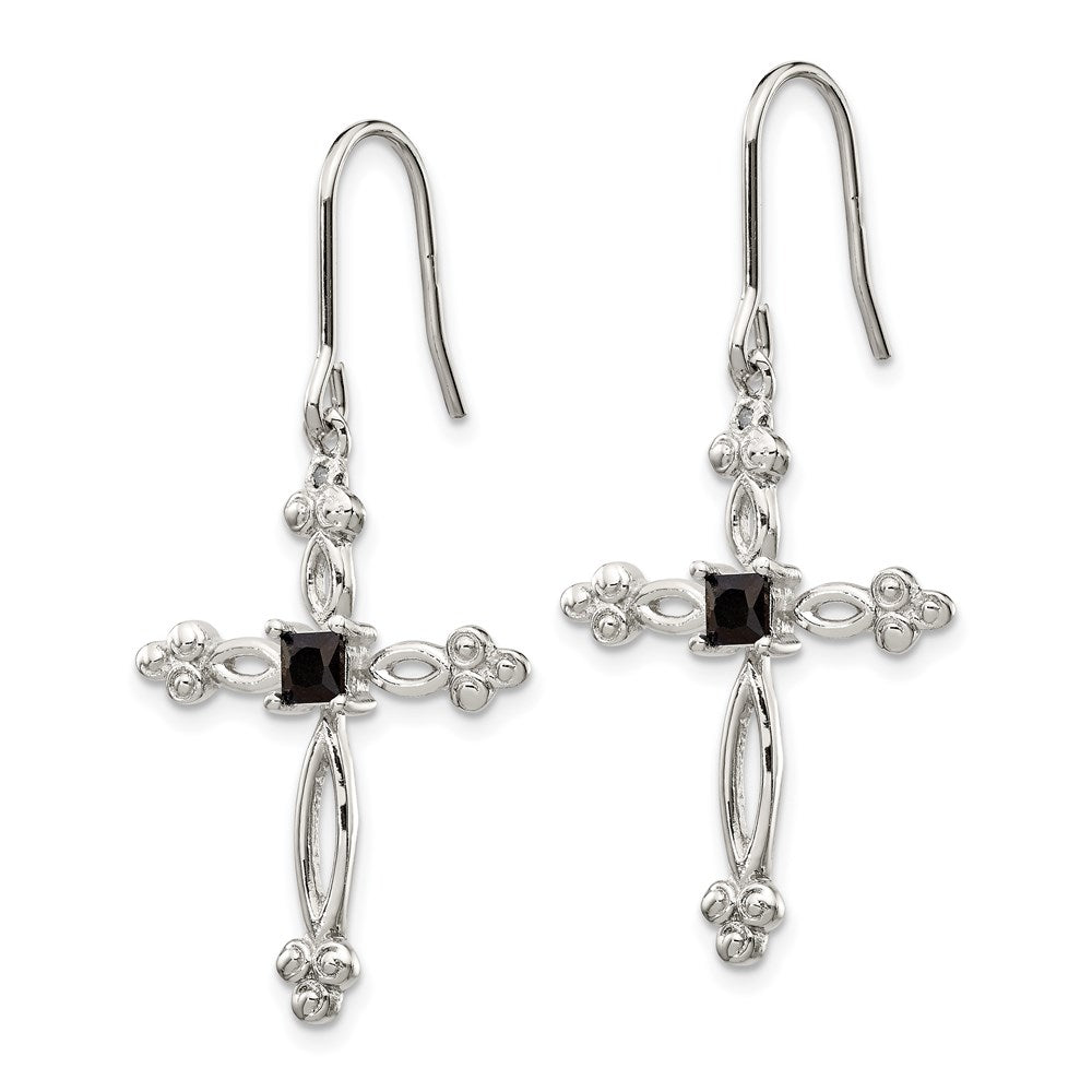 QE4773 Sterling Silver Rhodium-plated Polished Diamond Accent & Black CZ Budded Cross Dangle Earrings
