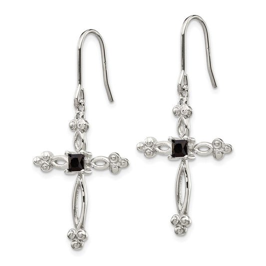 QE4773 Sterling Silver Rhodium-plated Polished Diamond Accent & Black CZ Budded Cross Dangle Earrings