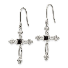 QE4773 Sterling Silver Rhodium-plated Polished Diamond Accent & Black CZ Budded Cross Dangle Earrings