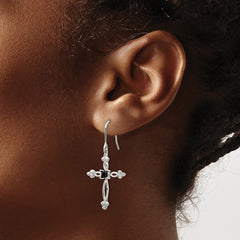 QE4773 Sterling Silver Rhodium-plated Polished Diamond Accent & Black CZ Budded Cross Dangle Earrings