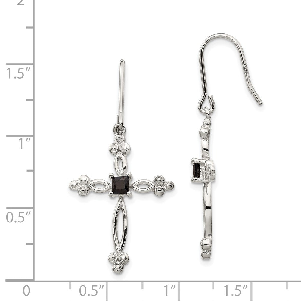 QE4773 Sterling Silver Rhodium-plated Polished Diamond Accent & Black CZ Budded Cross Dangle Earrings
