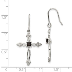QE4773 Sterling Silver Rhodium-plated Polished Diamond Accent & Black CZ Budded Cross Dangle Earrings