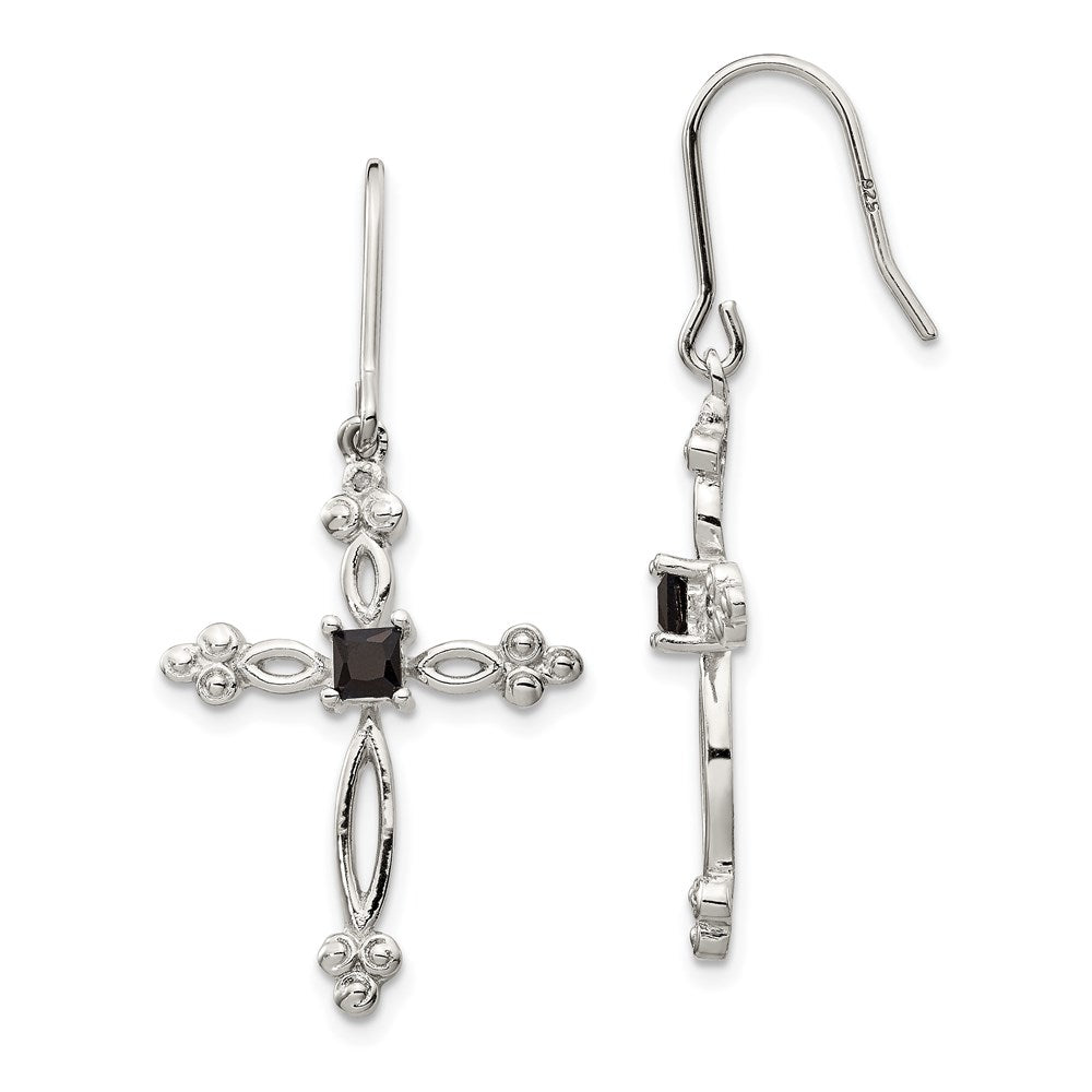 QE4773 Sterling Silver Rhodium-plated Polished Diamond Accent & Black CZ Budded Cross Dangle Earrings
