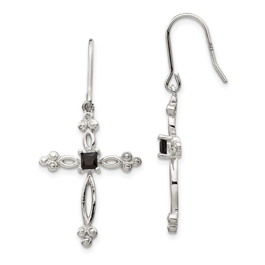 QE4773 Sterling Silver Rhodium-plated Polished Diamond Accent & Black CZ Budded Cross Dangle Earrings