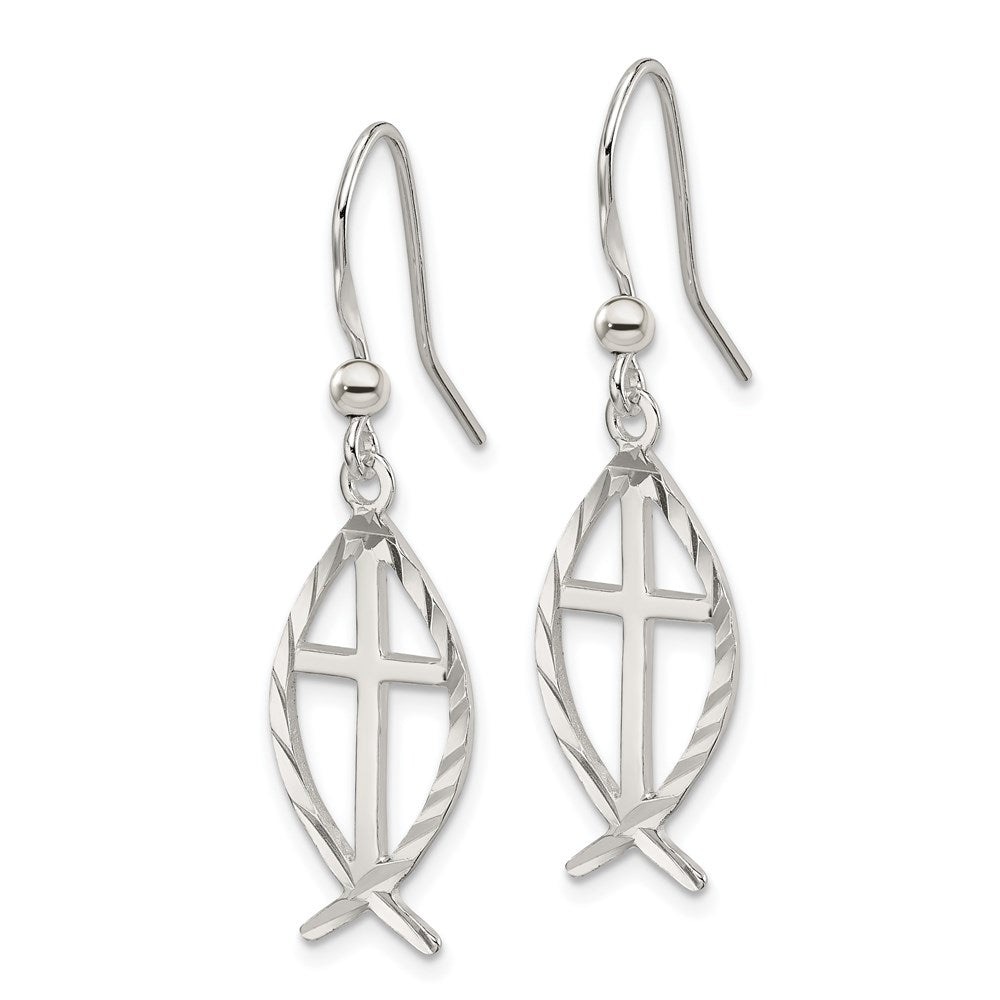 QE4789 Sterling Silver Polished & D/C Cross & Ichthus Dangle Earrings