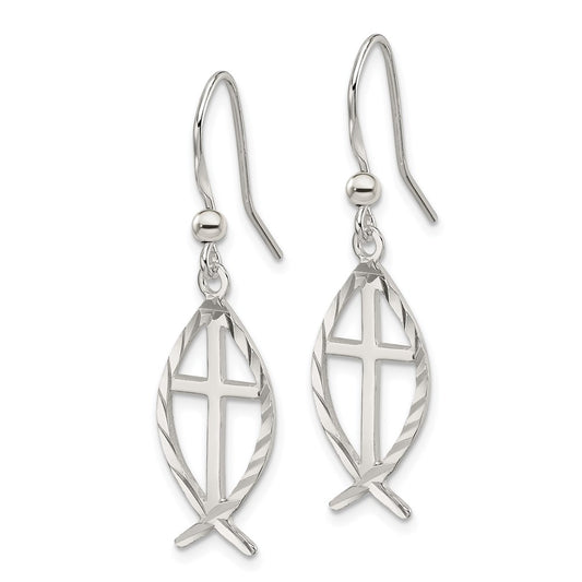 QE4789 Sterling Silver Polished & D/C Cross & Ichthus Dangle Earrings