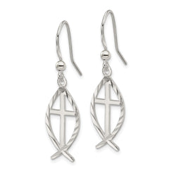 QE4789 Sterling Silver Polished & D/C Cross & Ichthus Dangle Earrings