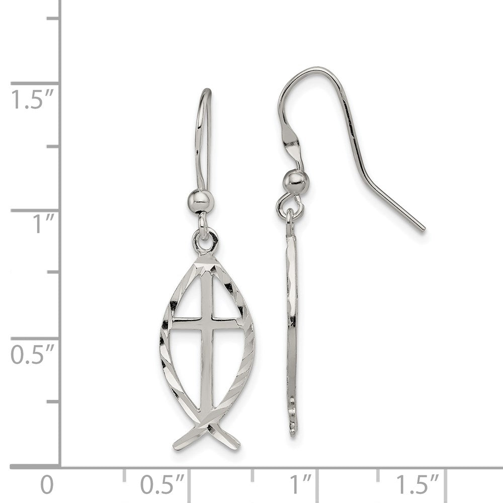 QE4789 Sterling Silver Polished & D/C Cross & Ichthus Dangle Earrings