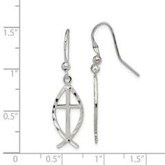 QE4789 Sterling Silver Polished & D/C Cross & Ichthus Dangle Earrings