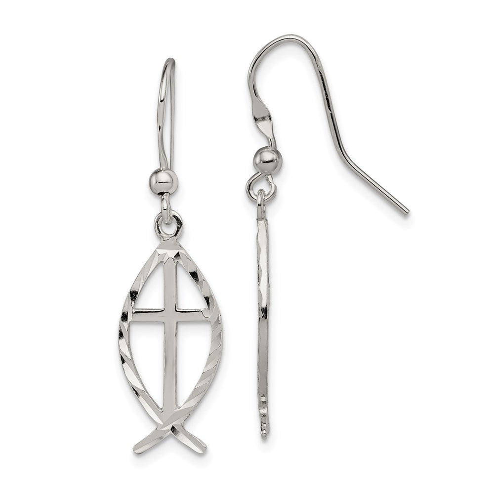QE4789 Sterling Silver Polished & D/C Cross & Ichthus Dangle Earrings