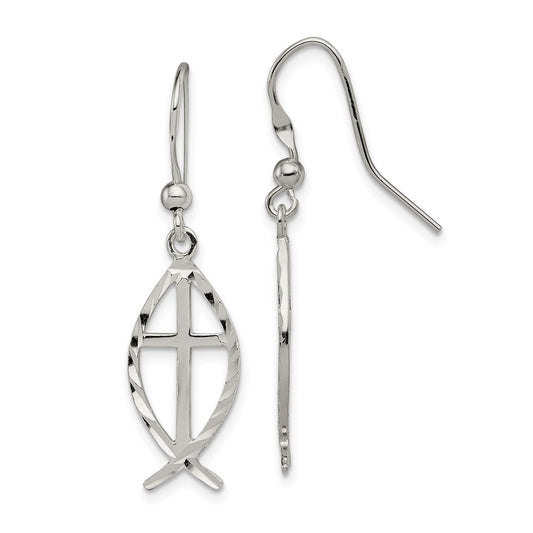 QE4789 Sterling Silver Polished & D/C Cross & Ichthus Dangle Earrings