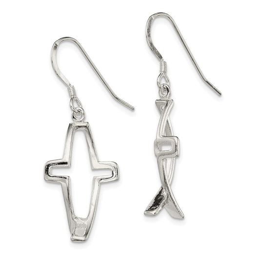 QE4791 Sterling Silver Polished Cross Ichthus Dangle Earrings