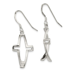 QE4791 Sterling Silver Polished Cross Ichthus Dangle Earrings