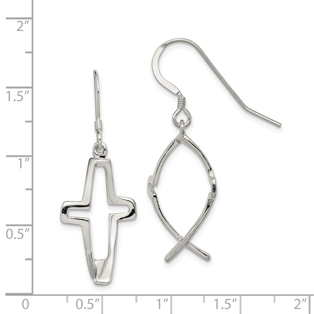 QE4791 Sterling Silver Polished Cross Ichthus Dangle Earrings