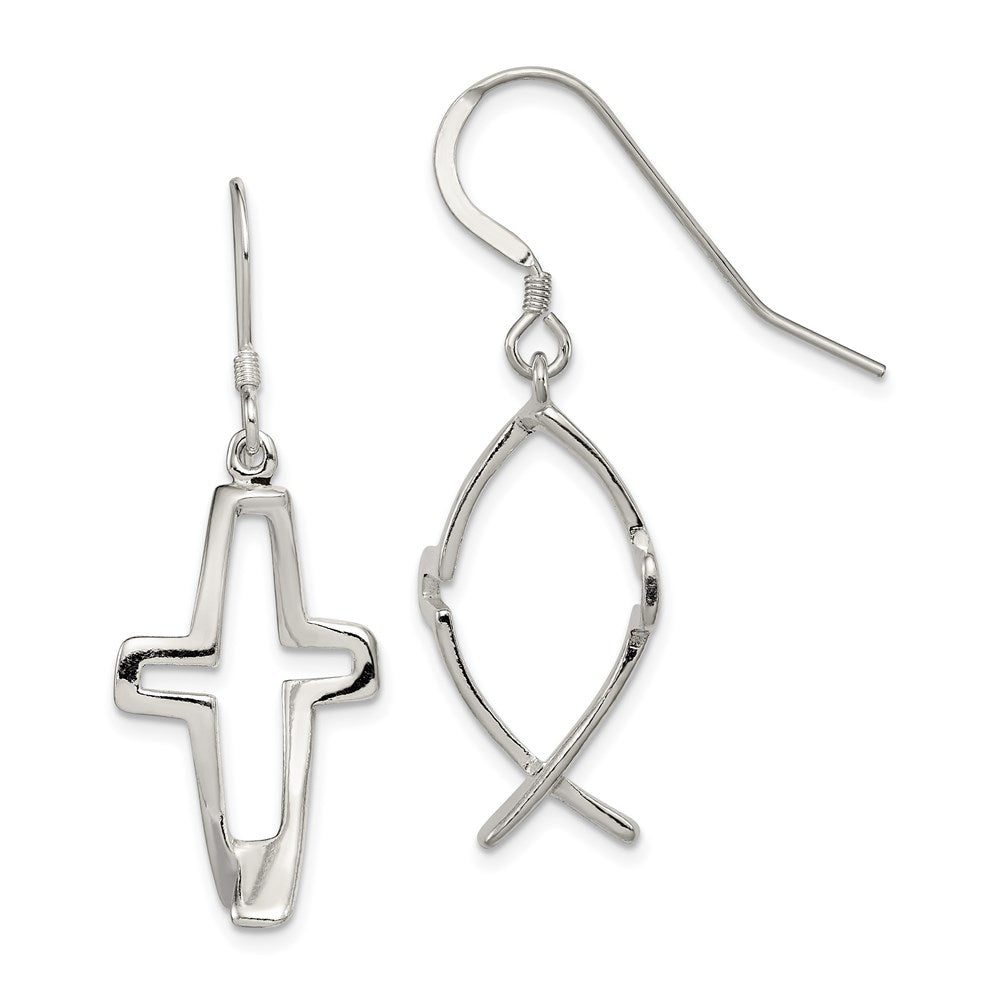 QE4791 Sterling Silver Polished Cross Ichthus Dangle Earrings