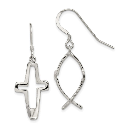 QE4791 Sterling Silver Polished Cross Ichthus Dangle Earrings