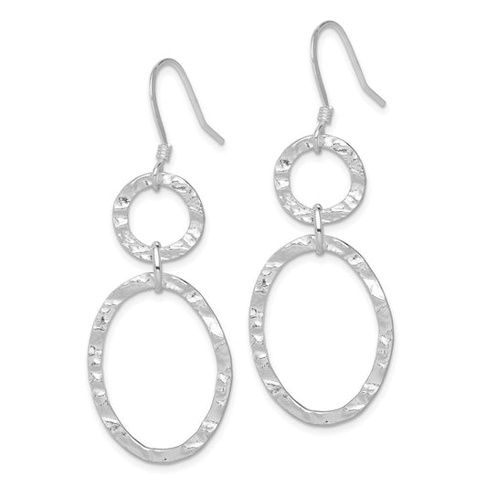 QE4812 Sterling Silver Rhod-plated Polished & Hammered Circle & Oval Dangle Earrin