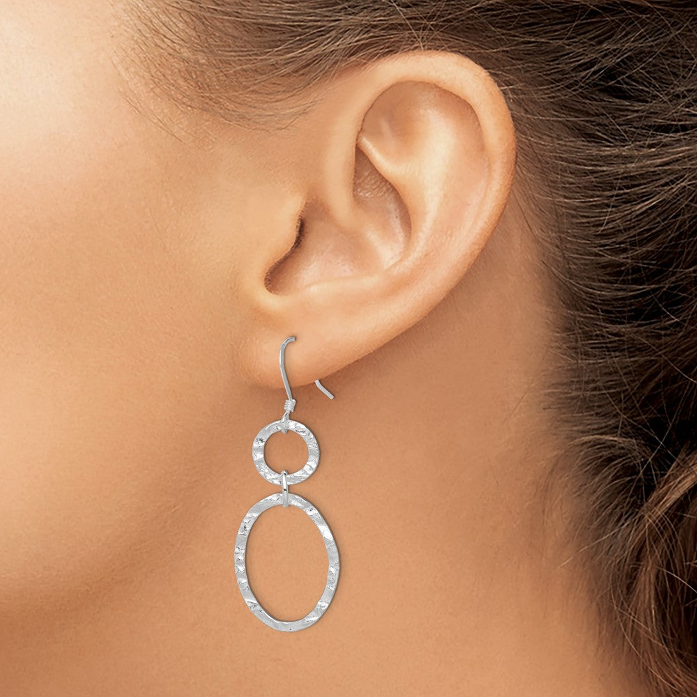 QE4812 Sterling Silver Rhod-plated Polished & Hammered Circle & Oval Dangle Earrin