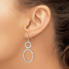 QE4812 Sterling Silver Rhod-plated Polished & Hammered Circle & Oval Dangle Earrin