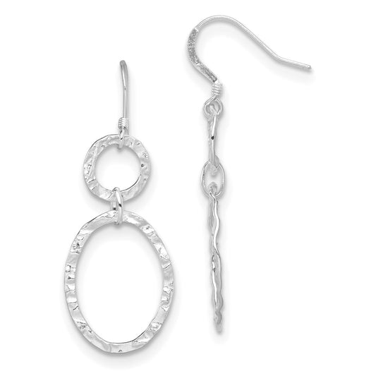 QE4812 Sterling Silver Rhod-plated Polished & Hammered Circle & Oval Dangle Earrin