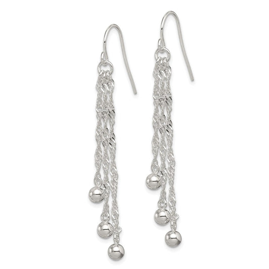 QE4876 Sterling Silver Polished Fancy 3-Strand Chain & Beaded Dangle Earrings