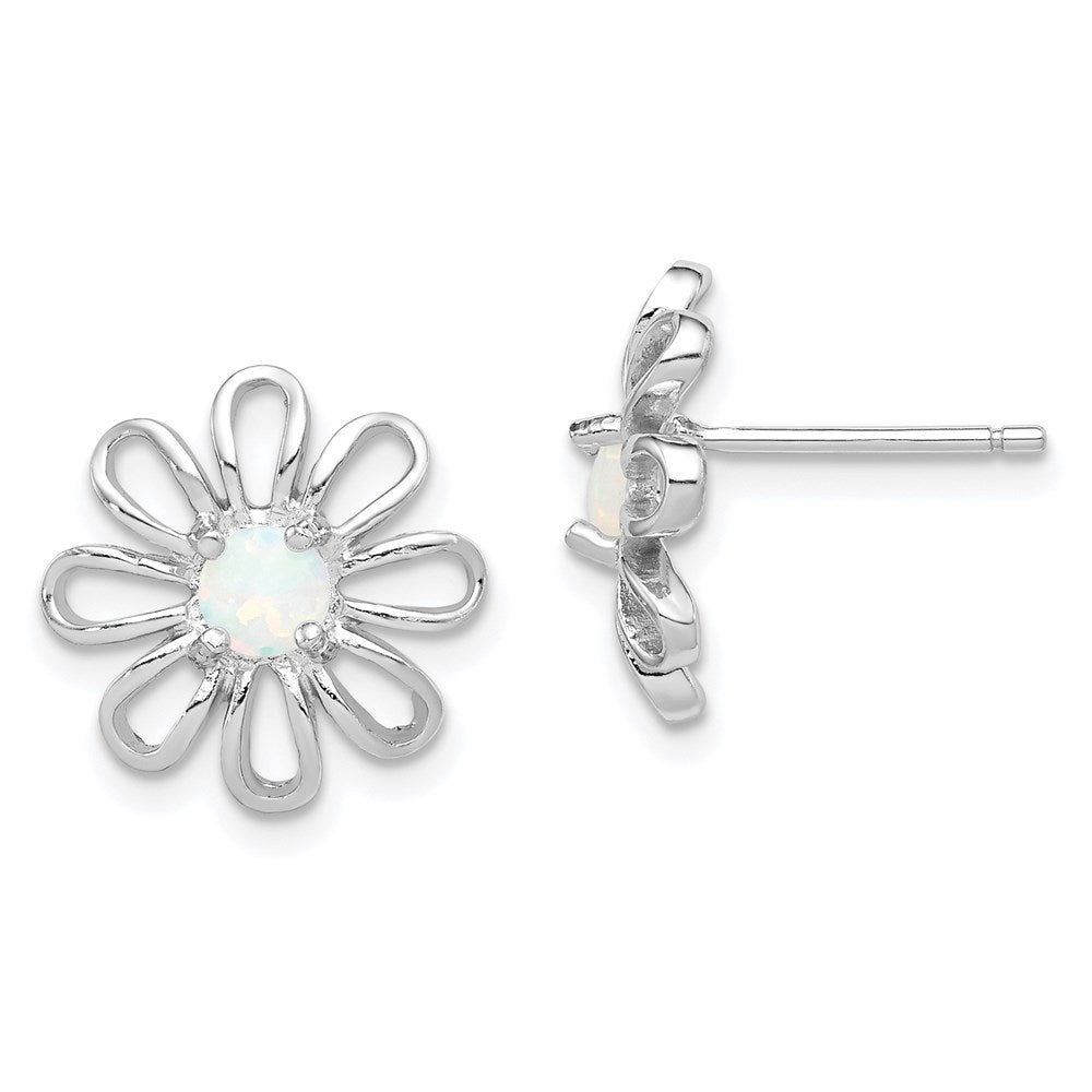 QE4964 Sterling Silver Rhodium-plated Created Opal Daisy Post Earrings