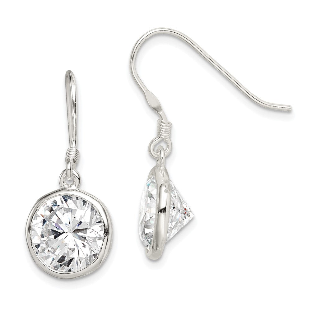 QE4999 Sterling Silver Polished 11mm Round CZ Bezel Set Dangle Earrings