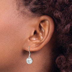 QE5000 Sterling Silver Rhod-pltd 10mm Round CZ Bezel Set Dangle Earrings