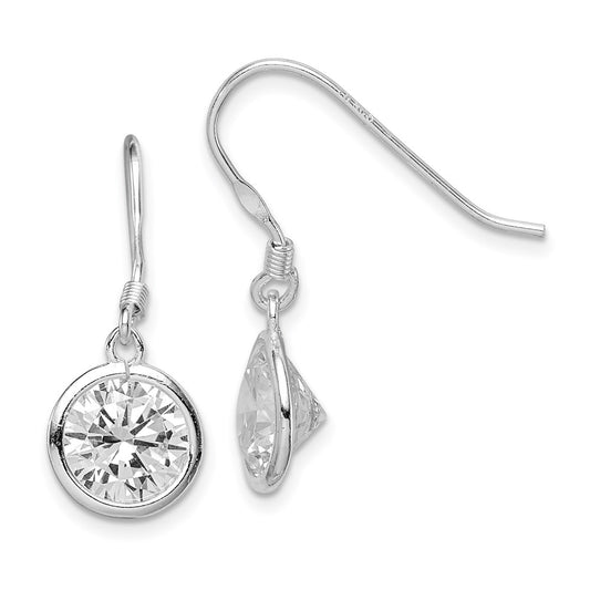 QE5000 Sterling Silver Rhod-pltd 10mm Round CZ Bezel Set Dangle Earrings