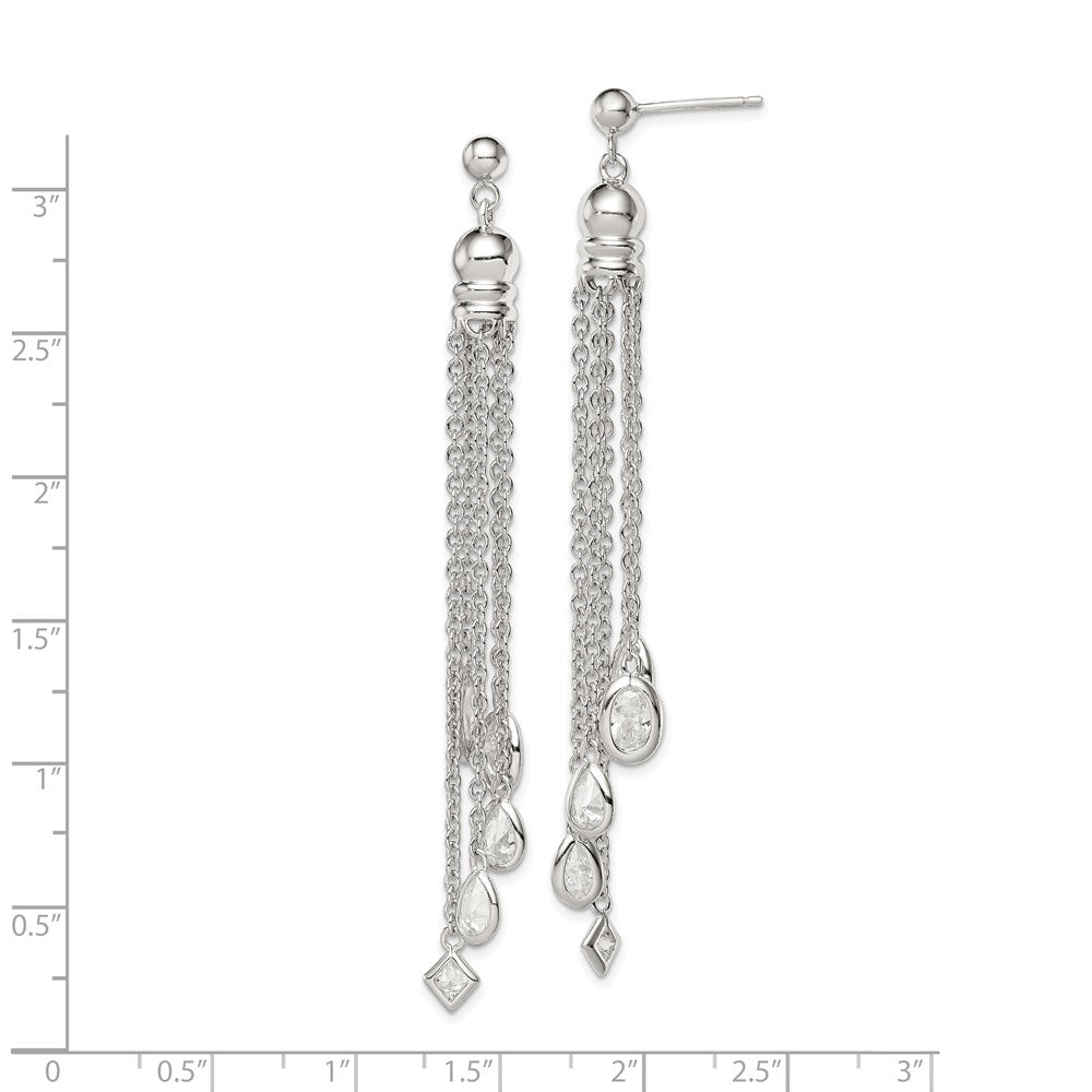 QE5023 Sterling Silver RH-plated Polished CZ & Multi-Chain Post Dangle Earrings