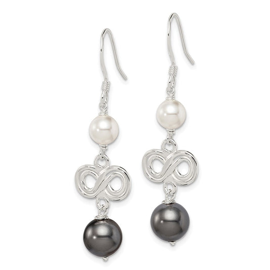 QE5083 Sterling Silver Polished Grey & White Glass Pearl Infinity Dangle Earrings