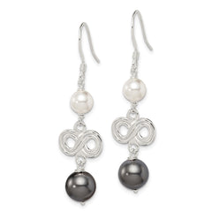 QE5083 Sterling Silver Polished Grey & White Glass Pearl Infinity Dangle Earrings